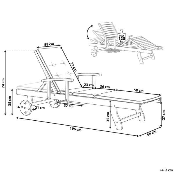Technische Zeichnung einer Liege mit Maßen und einer maximalen Belastbarkeit von 120 Kilogramm.