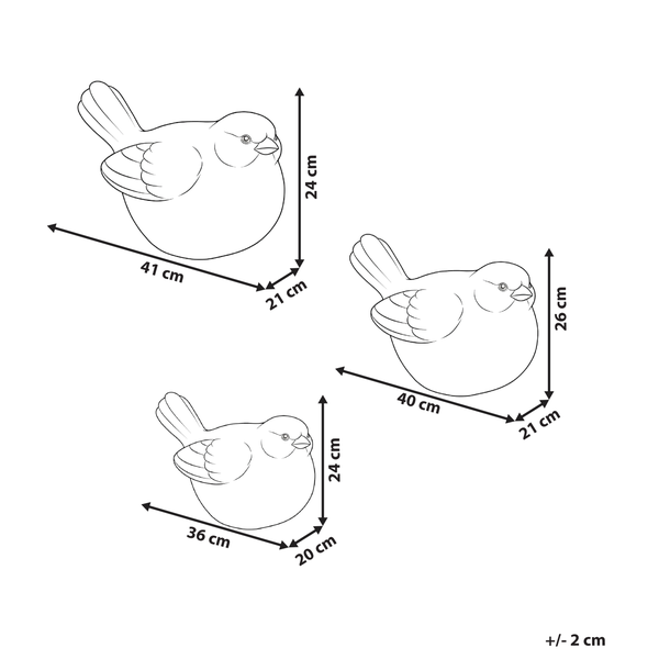 Maßskizze von drei Vogelfiguren: 41 mal 21 mal 24, 40 mal 21 mal 26 und 36 mal 20 mal 24 Zentimeter, plus minus 2 Zentimeter.