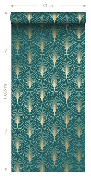 ESTAhome Tapete Art Decó Muster Petrolblau und Gold - 53 cm x 10.05 m - 139230