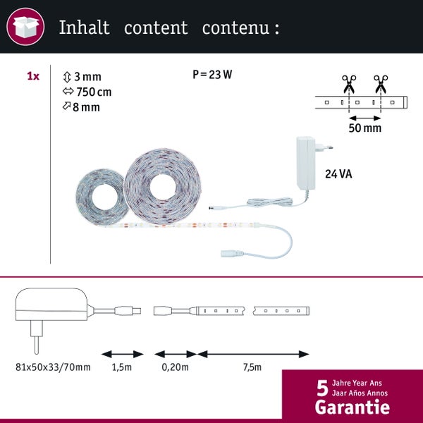 Inhalt der LED-Lichterkette: 3 Millimeter, 750 Zentimeter, 8 Millimeter, Leistung 23 Watt, Spannung 24 Voltampere mit fünf Jahren Garantie