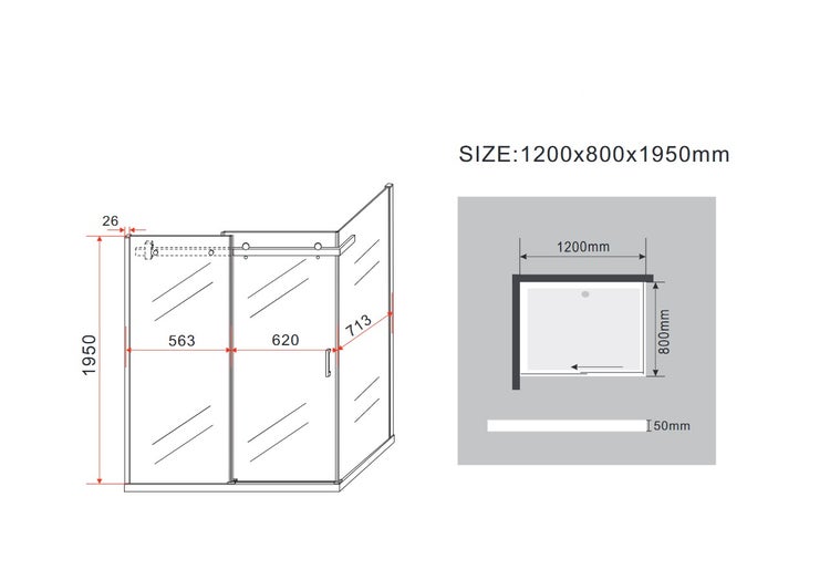 Technische Zeichnung einer Duschkabine mit Maßangaben