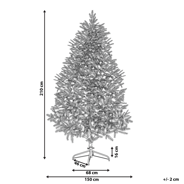 Abbildung eines 210 Zentimeter hohen künstlichen Weihnachtsbaums mit den Maßangaben.
