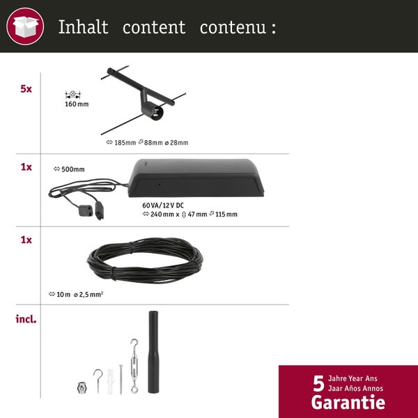 CorDuo Seilsystem Salt Basisset GU5,3 max. 5x10W 230/12V Schwarz matt, Chrom