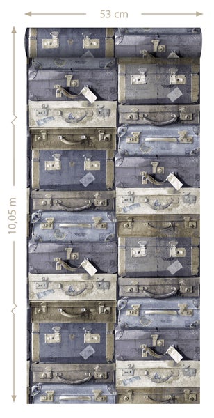 ESTAhome Tapete Vintage Koffer Blau und Braun - 53 cm x 10.05 m - 138215