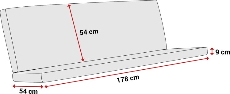 Maßskizze für ein Sitz- und Rückenkissen: Länge 178 Zentimeter, Tiefe 54 Zentimeter, Rückenlehnenhöhe 54 Zentimeter, Dicke 9 Zentimeter.