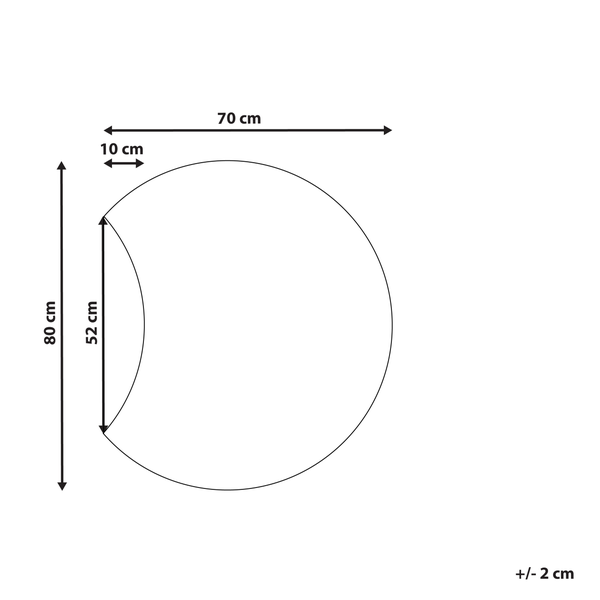 Abbildung mit Maßangaben: 80 cm Höhe, 70 cm Breite, 10 cm Tiefe, 52 cm Höhe der Aussparung, plusminus 2 cm Toleranz