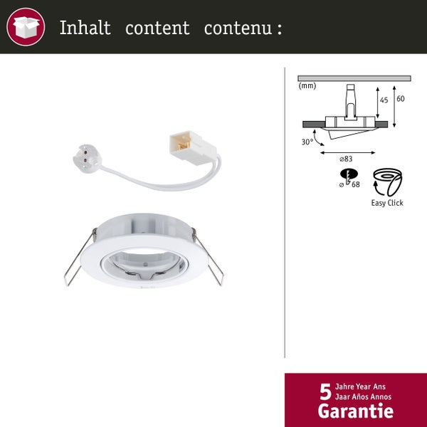 Einbaustrahler mit Fassung und den technischen Details als Schemazeichnung