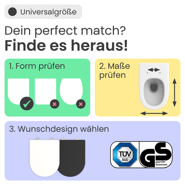 Information zur Ermittlung der passenden WC-Sitzgröße mit TÜV Süd Logo und GS Zeichen für geprüfte Sicherheit