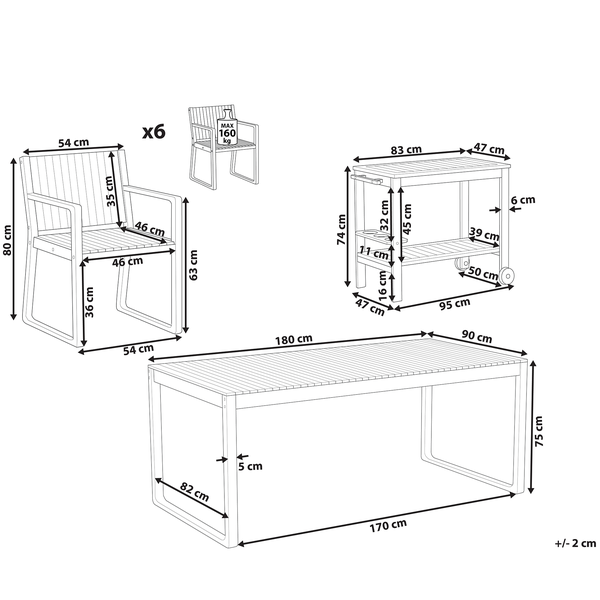 Abmessungen von Gartentisch, Gartenstühlen und Servierwagen