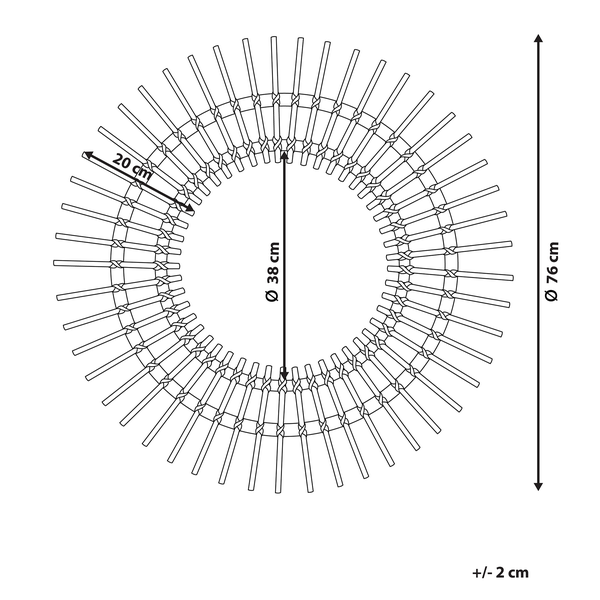 Technische Zeichnung eines runden Spiegels mit den Maßen 76 Zentimeter Außendurchmesser, 38 Zentimeter Innendurchmesser und einer Tiefe von 20 Zentimetern