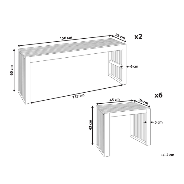 Maße von zwei Bänken und sechs Hockern