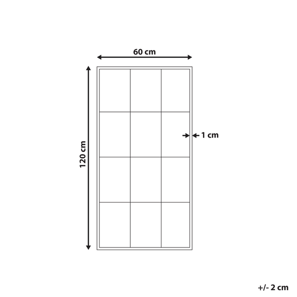 Maßskizze mit Abmessungen: Breite 60 Zentimeter, Höhe 120 Zentimeter, Randbreite 1 Zentimeter, Toleranz plus minus 2 Zentimeter.