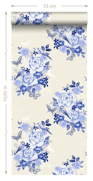 ESTAhome Tapete Blumen und Vögel Indigoblau - 53 cm x 10.05 m - 138124