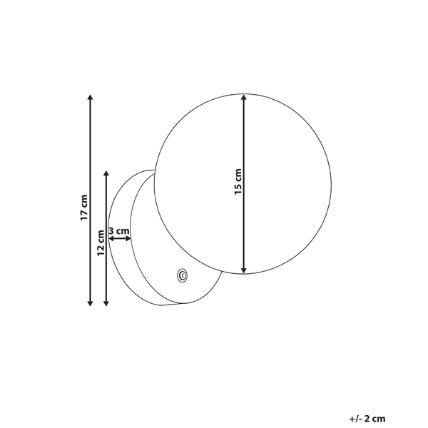 Technische Zeichnung der Wandleuchte mit Maßangaben von 17 Zentimeter Gesamthöhe und 15 Zentimeter Leuchtendurchmesser.