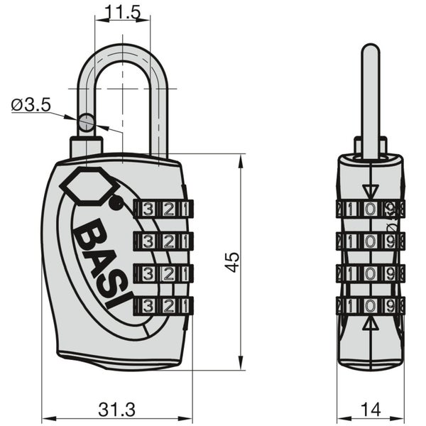 BASI TSA Kofferschloss KS 630 mit einstellbarer Kombination Stahlbügel Zinkdruckguss Gehäuse 4-stellige Zahlenkombination Schwarz