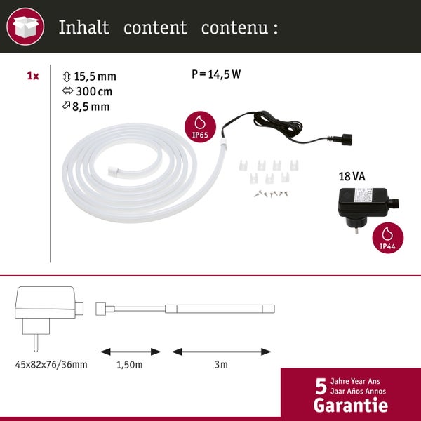 SimpLED LED Strip Outdoor Komplettset 3m beschichtet IP65 12W 420lm/m 40 LEDs/m 6500K 18VA