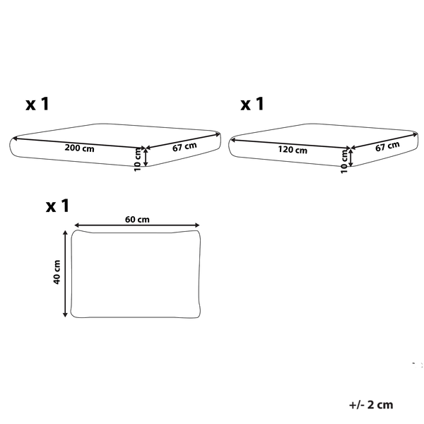 Illustration mit Maßangaben für Schaumstoffzuschnitte: 200 cm x 67 cm x 10 cm, 120 cm x 67 cm x 10 cm und 60 cm x 40 cm.