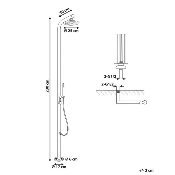 Technische Zeichnung einer Gartendusche mit Maßen: Höhe 230 Zentimeter, Duschkopf Durchmesser 25 Zentimeter und Anschlussdetails.