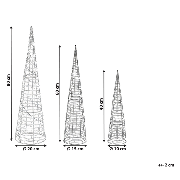 Abbildung von drei Deko-Bäumen in verschiedenen Größen: 80 cm, 60 cm und 40 cm hoch.