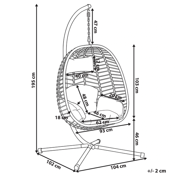 Maßzeichnung eines Hängesessels mit Gestell inklusive aller Außen- und Innenmaße in Zentimeter.
