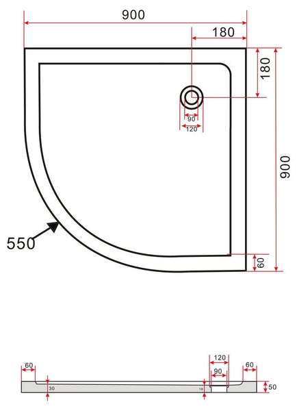 Technische Zeichnung einer Duschwanne mit Maßangaben.