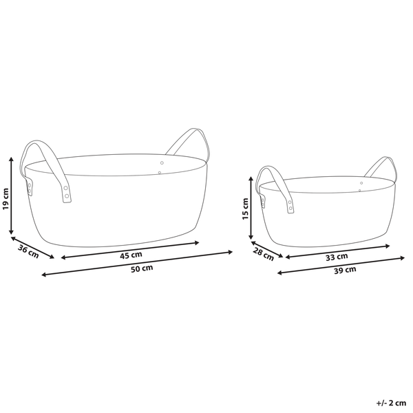 Zwei ovale Körbe mit Griffen und Maßangaben