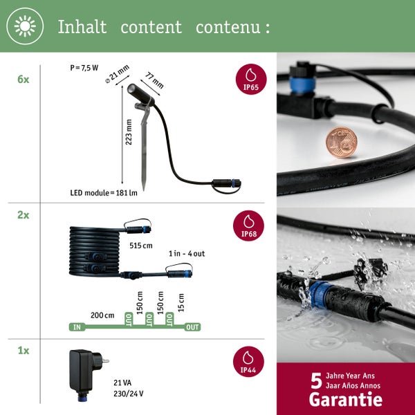 Set Plug & Shine LED Gartenstrahler Plantini 6er-Set IP65 rund 21mm 3000K 6x1,4W 6x90lm 230/24V 45° Anthrazit Aluminium