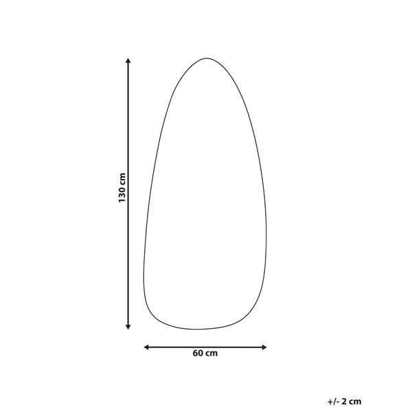 Schematische Darstellung einer asymmetrischen ovalen Form, Höhe 130 Zentimeter, Breite 60 Zentimeter, Toleranz plus minus 2 Zentimeter.