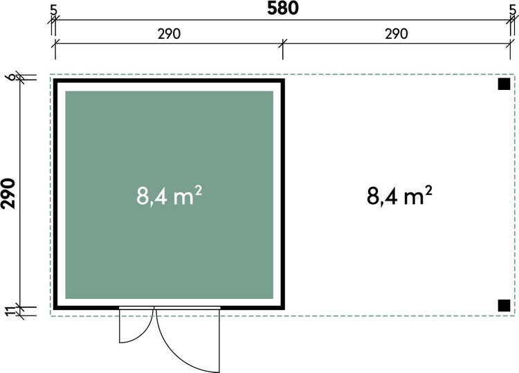 Grundriss eines Gartenhauses mit zwei Bereichen von jeweils 8,4 Quadratmetern und Gesamtmaßen von 580 mal 290 Zentimetern.