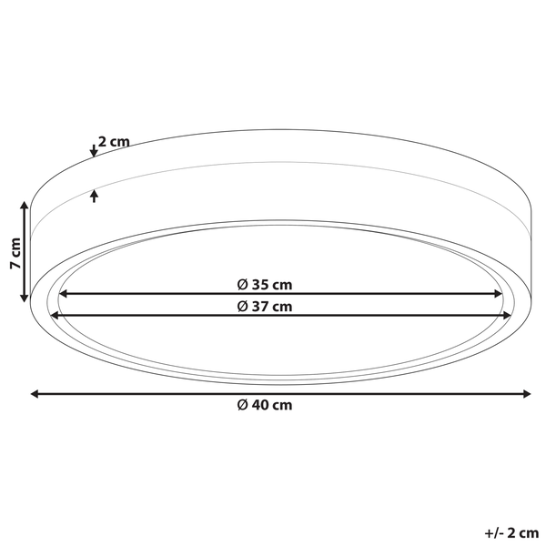 Technische Zeichnung einer Deckenleuchte mit den Maßen 40 x 37 x 35 x 7 x 2 cm