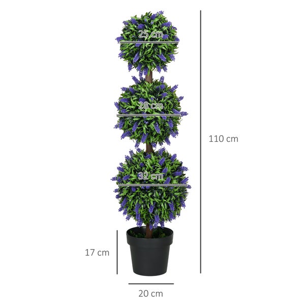 HOMCOM 2er-Set künstliche Lavendelbäume groß 110 cm Kunstpflanze, Plastik künstliche Pflanzen im Topf, UV-beständiger Kunstblumen mit 3 Kugel für Wohnzimmer Schlafzimmer Büro Garten
