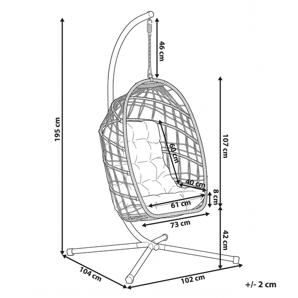 Strichzeichnung eines Hängesessels mit Gestell inklusive aller wichtigen Maße in Zentimeter