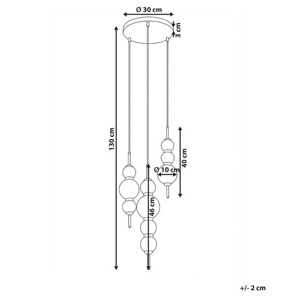 Technische Zeichnung einer Pendelleuchte mit Kugeldesign und Maßangaben