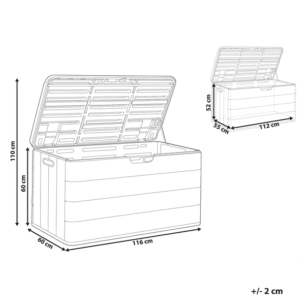 Abmessungen der Gartenbox: 110 cm Höhe, 60 cm Tiefe, 116 cm Breite