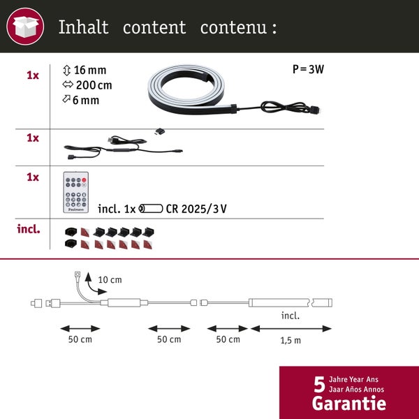 Packungsinhalt: Lichtleiste, USB-Kabel, Fernbedienung, Batterie und Montagezubehör