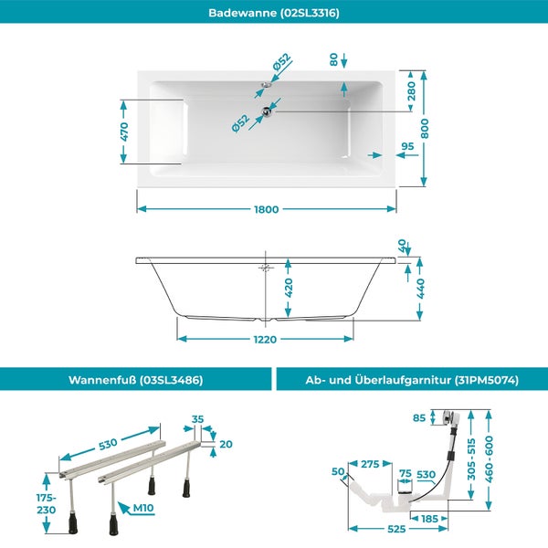 Maßzeichnung einer Badewanne 1800 mal 800 Millimeter mit Wannenfüßen und Ab- und Überlaufgarnitur inklusive technischer Details.