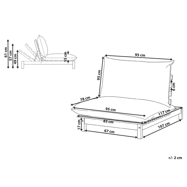 Technische Zeichnung eines Futonbettes mit Maßangaben