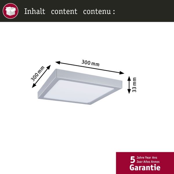 Abmessungen einer Deckenleuchte: 300 Millimeter mal 300 Millimeter, Höhe 33 Millimeter; fünf Jahre Garantie