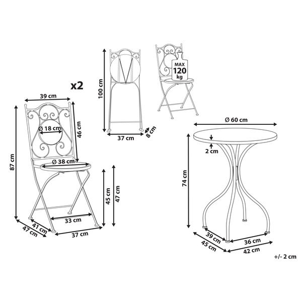 Abmessungen Gartentisch und Gartenstühle, maximale Belastbarkeit 120 Kilogramm
