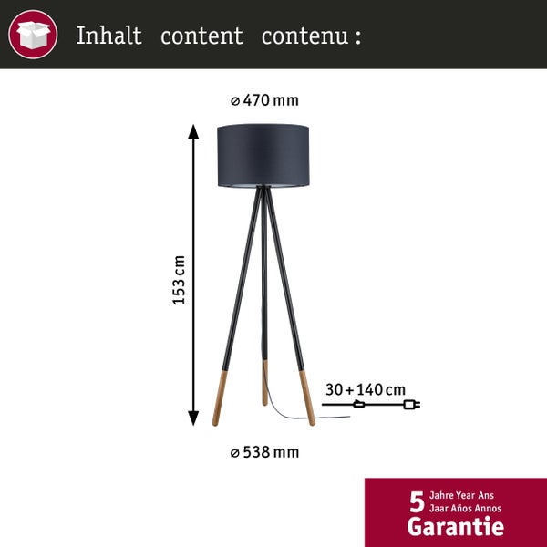 Dreibeinige Stehleuchte mit Schirm. Höhe 153 Zentimeter, Schirmdurchmesser 470 Millimeter, Fußdurchmesser 538 Millimeter, Kabellänge 170 Zentimeter.
