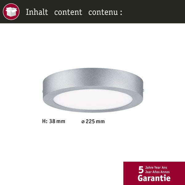Runde LED-Deckenleuchte mit 225 Millimeter Durchmesser und 38 Millimeter Höhe sowie 5 Jahren Garantie.