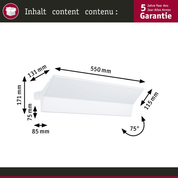 Technische Zeichnung einer Lampe mit Maßangaben und fünf Jahre Garantie