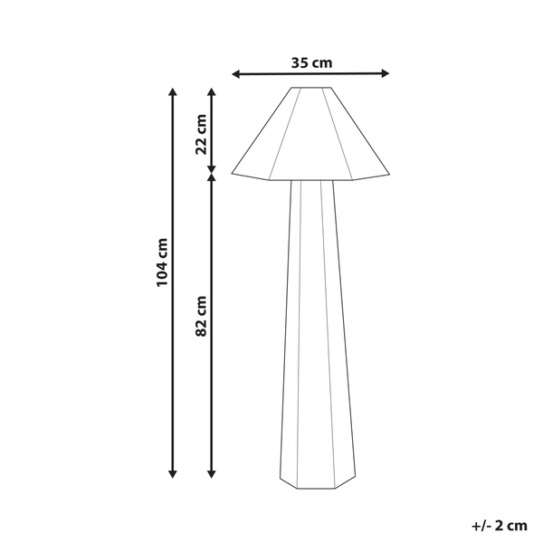 Abmessungen einer Stehlampe: Gesamthöhe 104 cm, Schirmhöhe 22 cm, Schirmdurchmesser 35 cm, Stativhöhe 82 cm.