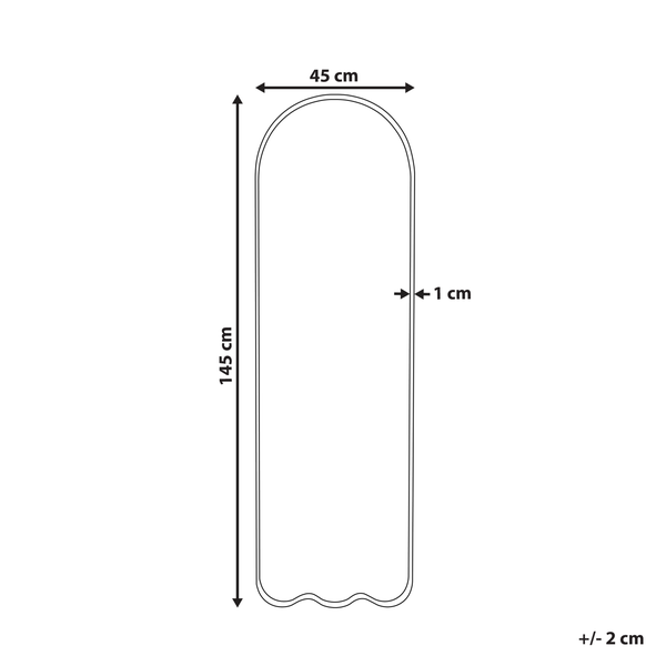 Maßskizze eines Bogenspiegels mit Wellenunterkante: Höhe 145 Zentimeter, Breite 45 Zentimeter, Tiefe 1 Zentimeter, plus minus 2 Zentimeter.