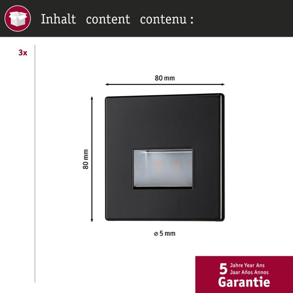 Set LED Wandeinbauleuchte Edge 3er-Set eckig 80x5mm 3x1,2W 3x50lm 230V 2700K Schwarz matt