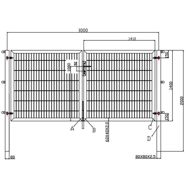 Technische Zeichnung eines Gartentores mit Maßangaben