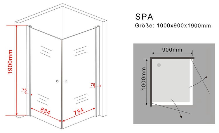 Technische Zeichnung einer Duschkabine mit den Maßen 1000x900x1900 Millimeter.