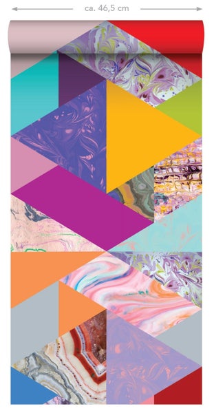 ESTAhome XXL-Vliestapete Dreiecke in Marmoroptik Gelb, Blau, Rosa und Grün - 50 x 900 cm - 158914