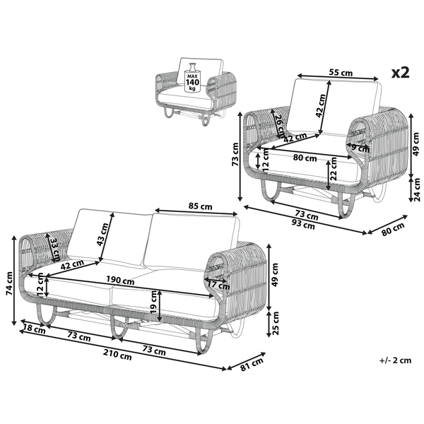 Abbildung der Maße des Loungesets, bestehend aus einem Sofa und zwei Sesseln