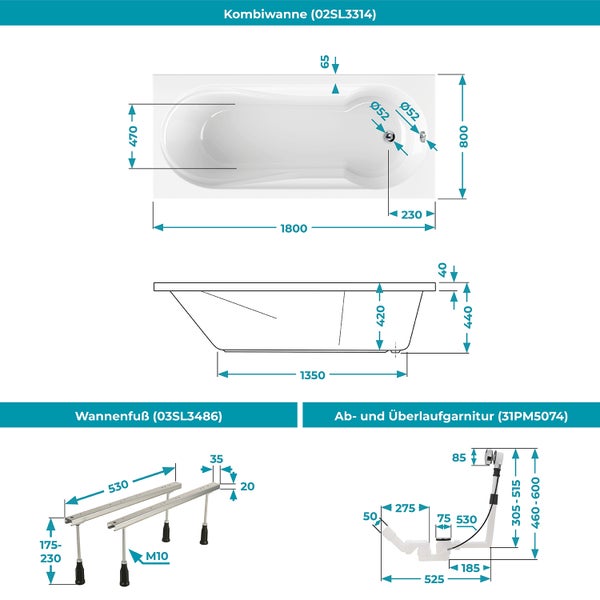 Calmwaters® Rechteck Badewannen-Set 180x80 cm mit Wannenfüßen & Ablaufgarnitur, Acrylwanne Modern Small 2 mit integriertem Duschbereich, Set Badewanne komplett, 180 x 80 cm, Weiß, 99000290